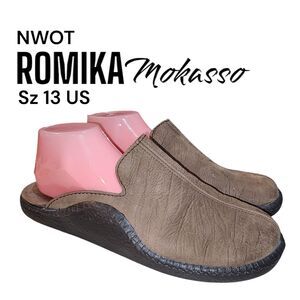 ROMIKA MOKASSO NWOT! Sz 13 Brown Leather Upper Casusp Slide On Mule Loafers